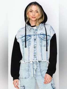 Risen Oversized Light Wash Denim Jacket with Black Hooded Sleeves - Women